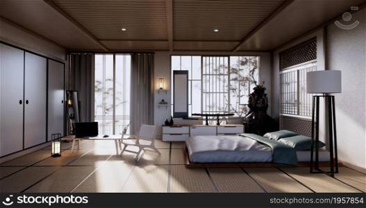 Bed room japanese design on tropical room interior and tatami mat floor. 3D rendering