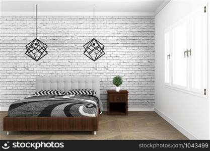 bed room modern style with wooden floor and brick wall background. 3D rendering