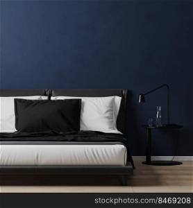 bed with white and blue pillows with bedding table in room with dark blue wall, 3d rendering