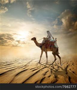 Bedouin rides on camel through sandy desert