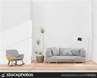 Bedroom and white wall, big window, gray sofa , minimal style ,mock up and copy space wall - 3d rendering -