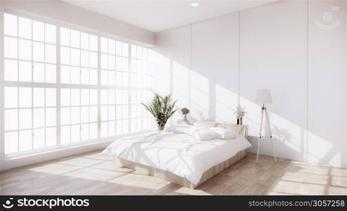 Bedroom decoration is open with design disc flap on the wood grain floor and decoration plants.3D rendering