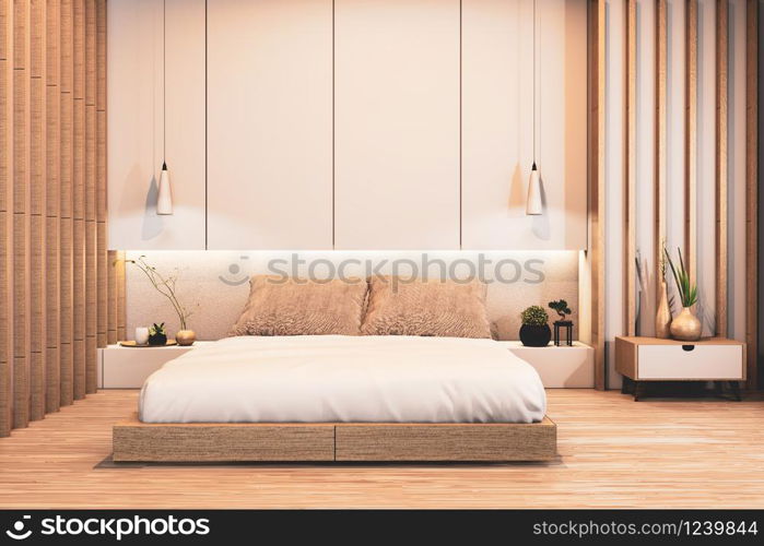 bedroom design japanese wooden with battens and hiden light wall design.3D rendering