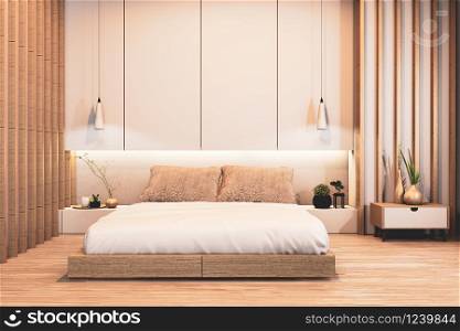 bedroom design japanese wooden with battens and hiden light wall design.3D rendering