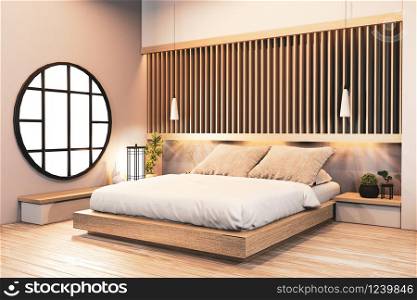 bedroom design japanese wooden with battens and hiden light wall design.3D rendering