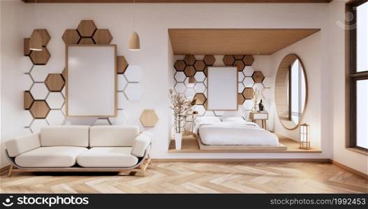 Bedroom hexagon tiles wooden, white on wall Modern room minimalist.3D rendering