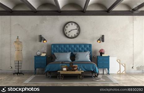 Bedroom in industrial style. Bedroom in industrial style with blue double bed and retro objects - 3d rendering