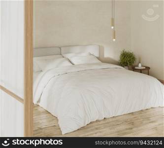 Bedroom interior mock up with big bed close up, bedside table with pendant light above, sunlight on wall, 3d rendering