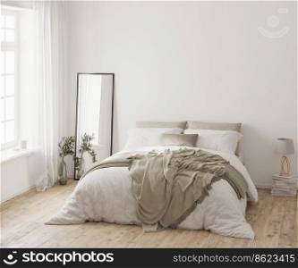 Bedroom interior mockup in parisian and scaninavian style, 3d rendering