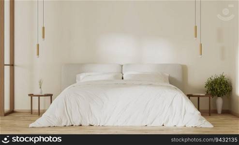 Bedroom interior with big white bed, sunlight on wall, bedside tables with pendant light, 3d render