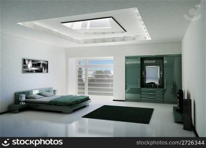 bedroom interior with LCD TV and speakers 3d render
