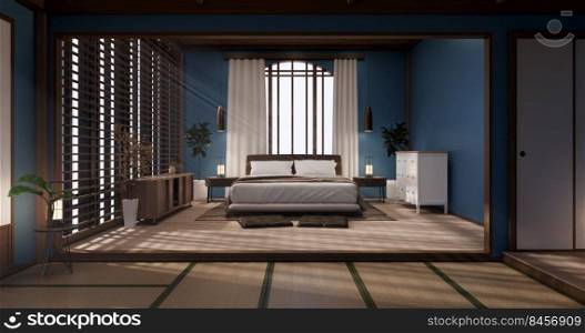 Bedroom japanese minimal style.,Modern blue wall and tatami mat floor, room minimalist. 3D rendering