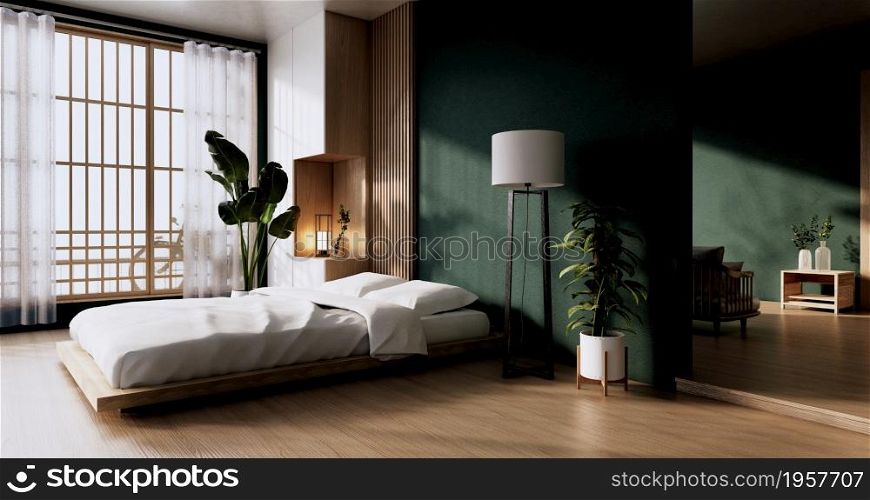 Bedroom japanese minimal style.,Modern green wall and wooden floor, room minimalist. 3D rendering