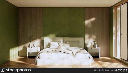 Bedroom japanese minimal style.,Modern green wall and wooden floor, room minimalist. 3D rendering