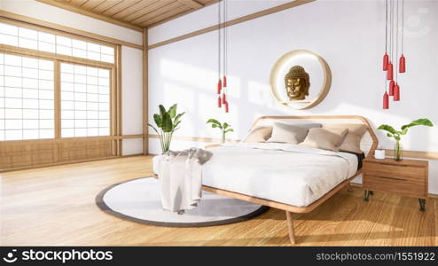 bedroom mock up with wooden bed in japan minimal design. 3D rendering.