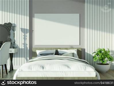 Bedroom with bed and picture frame mounted on the wall. 3d style.
