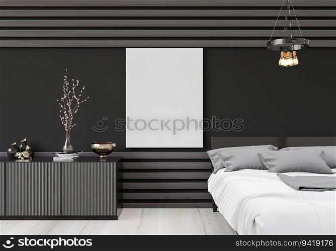 Bedroom with bed and picture frame mounted on the wall. 3d style.
