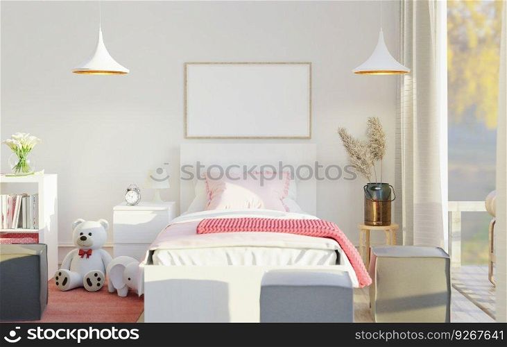 Bedroom with bed and picture frame on the wall