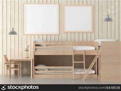 Bedroom with bunk bed and picture wall frame, 3d style.
