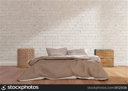 Bedroom with white brick wall, wooden floor, cabinet,lamp,mock up 3d rendering