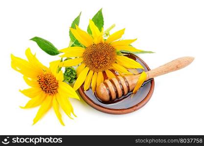 bee honey and sunflower isolated on white background