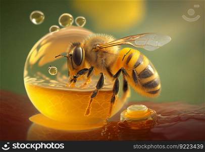 Bee on a honey drop illustration. AI generative.