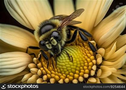 bee on chamomile closeup. Neural network AI generated art. bee on chamomile closeup. Neural network AI generated