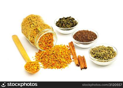 Bee Pollen and flavoring in white background