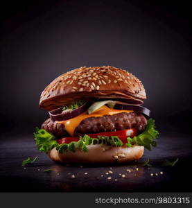 Beef Burger On Black Background. AI Generative 