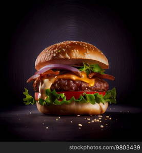 Beef Burger On Black Background. AI Generative 