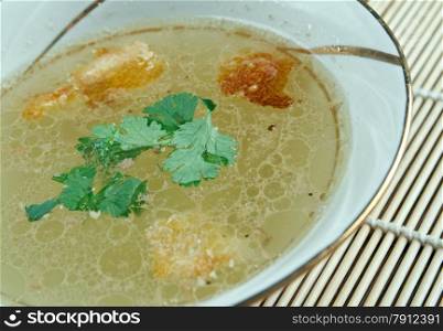 Beef Consomme - clear soup made from richly flavored stock or bouillon.