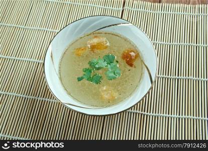 Beef Consomme - clear soup made from richly flavored stock or bouillon.