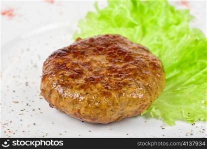 Beef cutlet closeup with lettuce on white plate