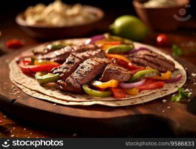 Beef fajita with tortilla and vegetables on chopping board.AI Generative