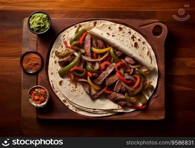 Beef fajita wrap with vegetables on wooden table.AI Generative