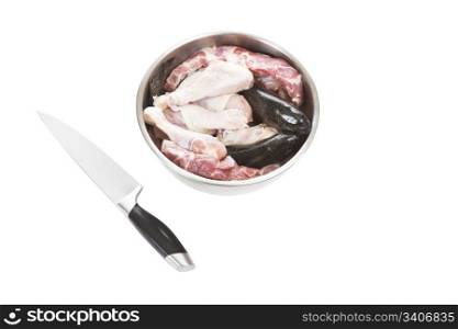 Beef, fish and chicken in stainless steel bowl with knife on white background