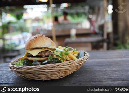 Beef Hamburger on wood background
