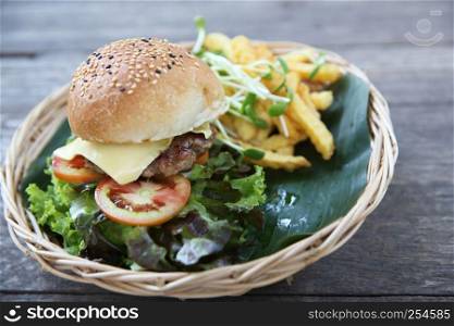 Beef Hamburger on wood background