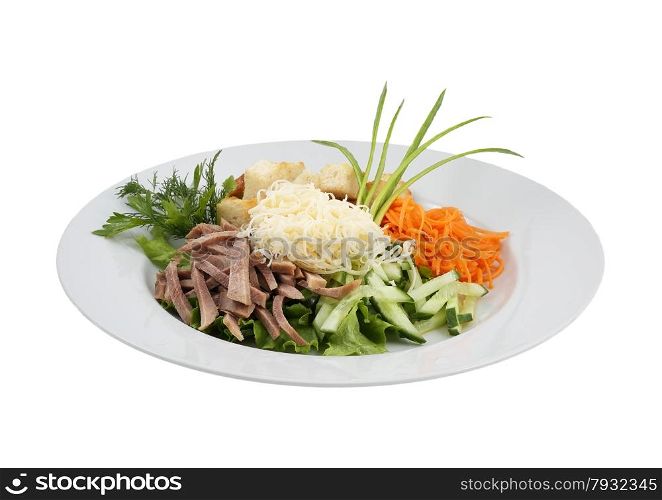 Beef meat salad vegetables and grated cheese on an isolated background. Beef meat salad vegetables and grated cheese