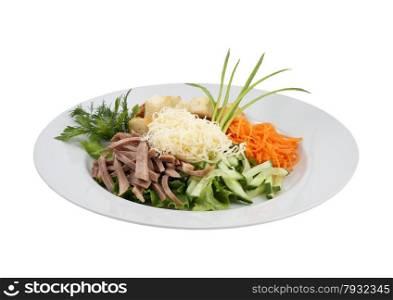 Beef meat salad vegetables and grated cheese on an isolated background. Beef meat salad vegetables and grated cheese
