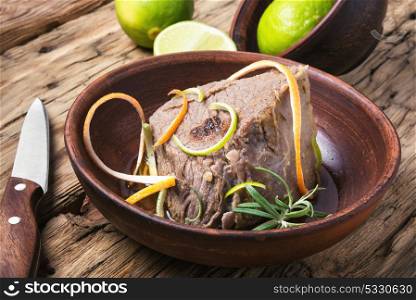 Beef meat with lime. Beef meat baked with spices and lime