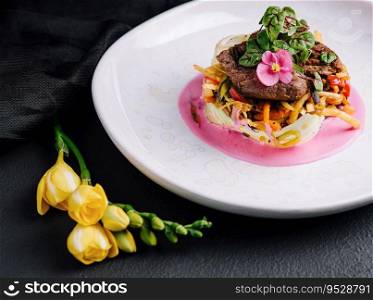 Beef medallions with fresh salad on plate