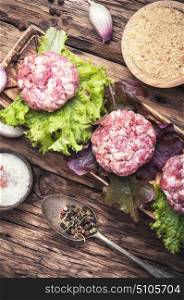 beef minced meat. Raw minced meat beef with lettuce and spice