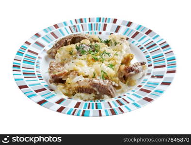 Beef Miroton .France&rsquo;s traditional stew.snack made ??of beef and onion sauceisolated on white