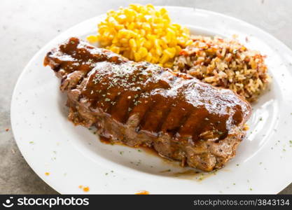 Beef New York Steak with sweet corn and brown rice