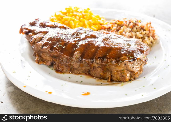 Beef New York Steak with sweet corn and brown rice