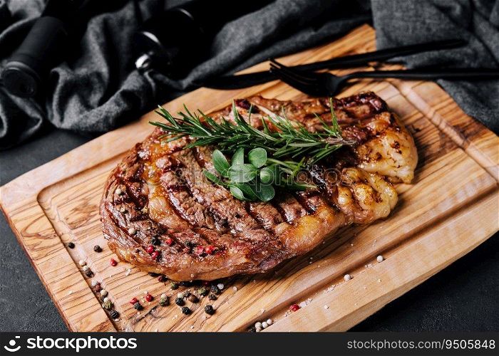 Beef rump steak on black stone table