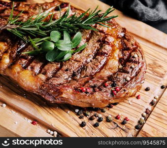 Beef rump steak on black stone table