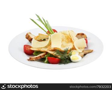 Beef salad, vegetables, cheese and toast on an isolated background