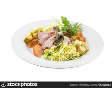 Beef salad with mushrooms and tomatoes on a dish with isolated backround. Beef salad with mushrooms and tomatoes